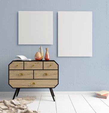 Şifoniyerli modern iç mekan. Poster maketi. 3d illüstrasyon.