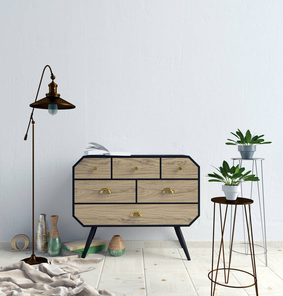 Современный интерьер с комодом. Стена макетирует. 3d иллюстрация.