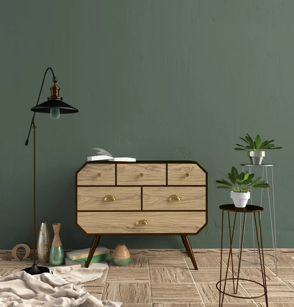 Şifoniyerli modern iç mekan. Duvar modeli. 3d illüstrasyon.