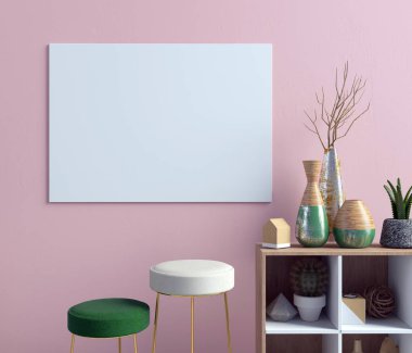 İç tasarım çağdaş tarzda. Posteri düzenle. 3B illüstrasyon.