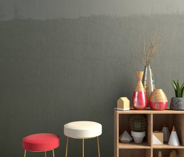 İç tasarım çağdaş tarzda. Duvarı düzenle. 3B illüstrasyon.