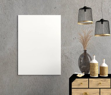 Iinterior tasarım ülke tarzı. Poster alay. 3D çizim. 