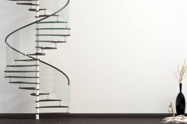Modern iç sarmal merdiven ile. 3D çizim. Yukarı alay 