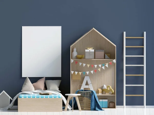 Mock up poster di interior anak. Tempat tidur. modern — Stok Foto