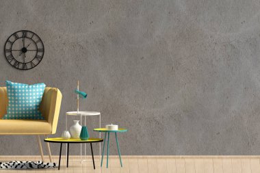 Kanepeli modern iç mekan. Duvar modeli. 3d illüstrasyon.