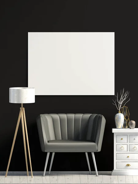 Modern interieur met sofa. Poster mock up. 3D illustratie. — Stockfoto