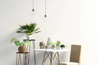 Yemek odasının iç tarafındaki duvarı düzenle. Modern tarzda oturma odası. 3d illüstrasyon