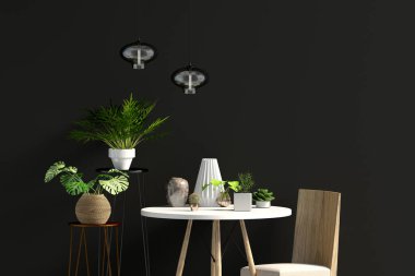 Yemek odasının iç tarafındaki duvarı düzenle. Modern tarzda oturma odası. 3d illüstrasyon