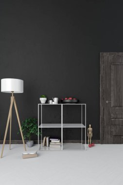 İç tasarım çağdaş tarzda. Duvarı düzenle. 3B illüstrasyon.