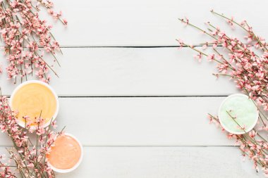 Bahar tebrik kartı, mercan rengi çiçekler üzerinde pastel b yaşayan