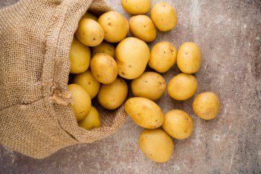 Ahşap arka planda taze çiğ patates çuvalı..