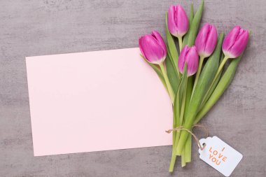 Bahar tebrik kartı, gri arka plan üzerinde pembe renk laleler.