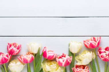 Pastel arka planda bahar çiçekleri laleleri. Retro vintage