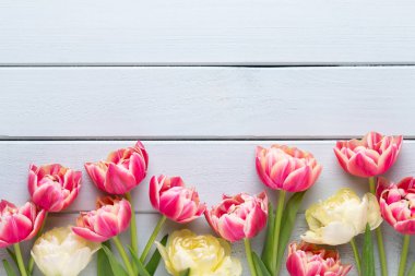 Pastel arka planda bahar çiçekleri laleleri. Retro vintage