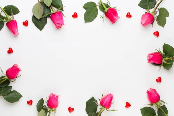 Složení květiny. Rám vyrobený z červené růže na bílém pozadí. — Stock fotografie