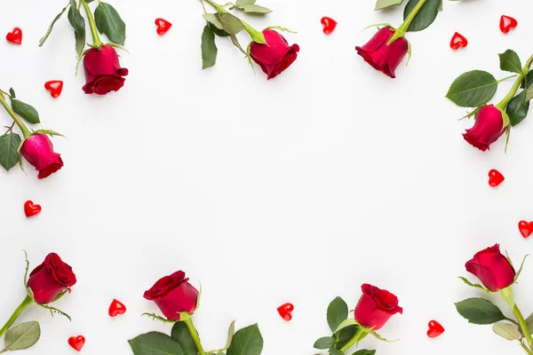 Samenstelling van de bloemen. Frame gemaakt van rode roos op witte achtergrond. — Stockfoto