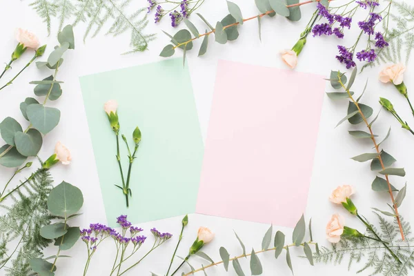 Composición de flores. Papel en blanco, flores de clavel, eucalipto — Foto de Stock