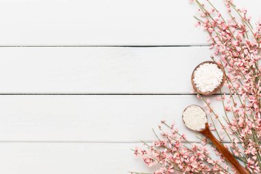 Bahar tebrik kartı, mercan rengi çiçekler üzerinde pastel b yaşayan