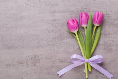 Bahar tebrik kartı, gri arka plan üzerinde pembe renk laleler.