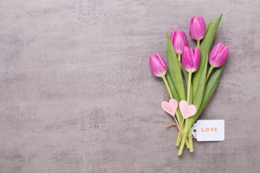 Bahar tebrik kartı, gri arka plan üzerinde pembe renk laleler.