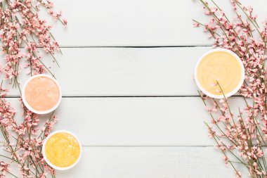 Bahar tebrik kartı, mercan rengi çiçekler üzerinde pastel b yaşayan