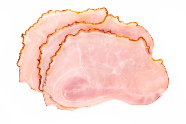 Gesneden gekookte ham worst geïsoleerd op witte achtergrond, bovenaanzicht — Stockfoto