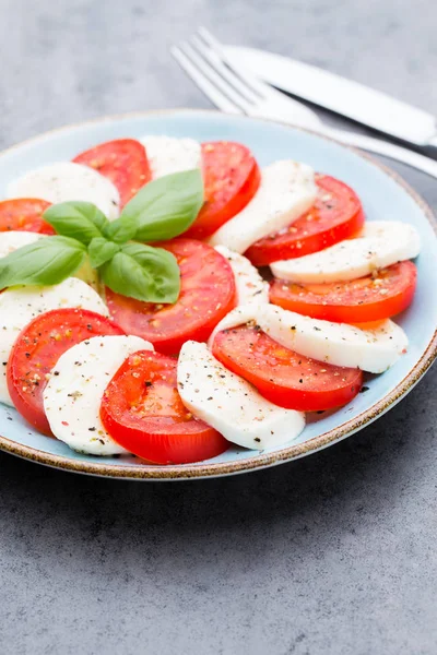 Klasik caprese salatası. Mozzarella domatesleri ve Basilikum.