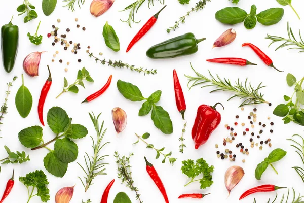 Kräuterblätter und Chilipfeffer auf weißem Hintergrund würzen. Vegeta — Stockfoto