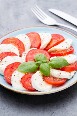 Klasik caprese salatası. Mozzarella domatesleri ve Basilikum.