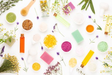 Spa aromaterapi çiçek arka plan, düz yatıyordu.