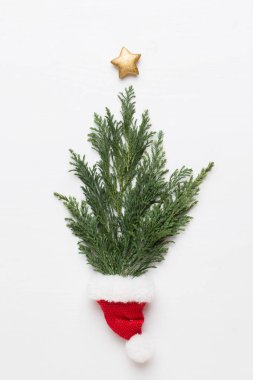 Noel tebrik kartı. Beyaz arka planda çam süslemesi. Ne?