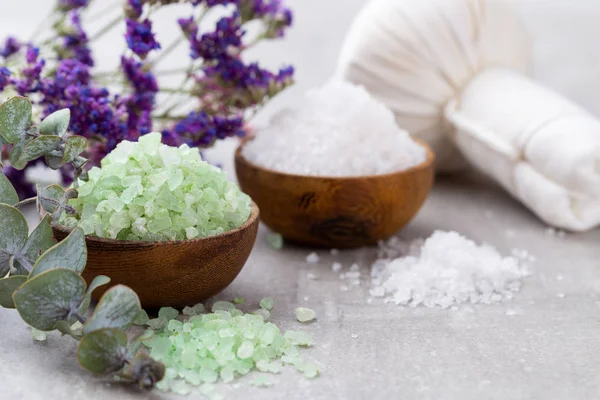 Sea salt in bowl, aroma oil in bottles, Wellness and flowers on — Stock Photo, Image