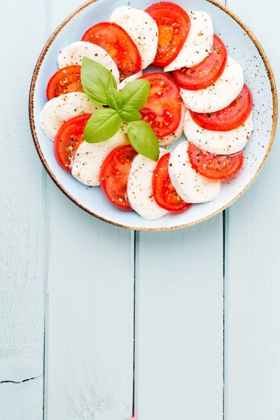 Klasik caprese salatası. Mozzarella domatesleri ve Basilikum.