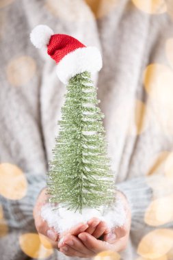 Noel dekoru kadınların elinde. Noel tebrik kartı. Kadının. 