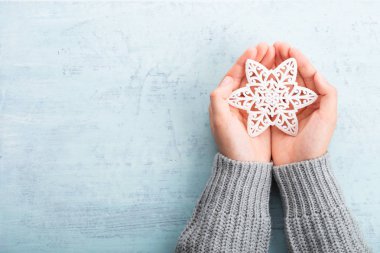 Noel dekoru kadınların elinde. Noel tebrik kartı. Kadının. 