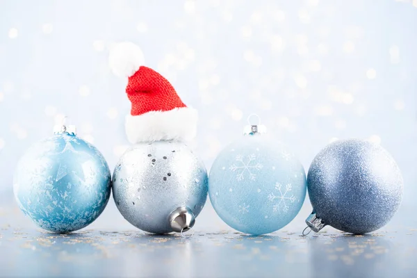 Christmas ball background. Greeting card decorations on a blue b — Stock Photo, Image