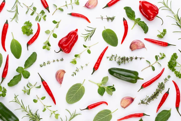 Kräuterblätter und Chilipfeffer auf weißem Hintergrund würzen. Vegeta — Stockfoto