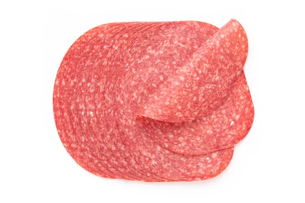 Salami plakjes op witte achtergrond. — Stockfoto