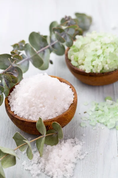 Sea salt in bowl, aroma oil in bottles, Wellness and flowers on — Stock Photo, Image