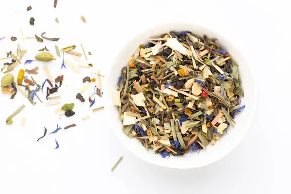 Herbal tea on a white background. Top view. — Stock Photo, Image