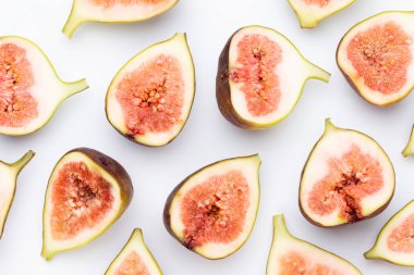 Beyaz arka plan üzerinde izole incir meyve. Üstten Görünüm. Düz yatıyordu patt