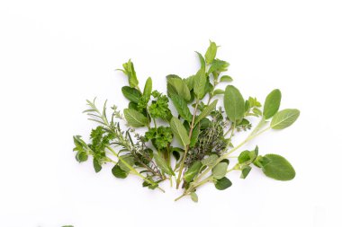 Beyaz bir arka planda bitkisel baharat. Üst görünüm.