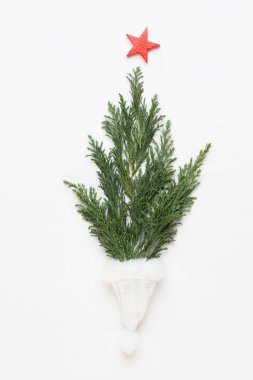 Noel tebrik kartı. Beyaz arka planda çam süslemesi. Ne?