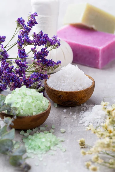 Sea salt in bowl, aroma oil in bottles, Wellness and flowers on — Stock Photo, Image