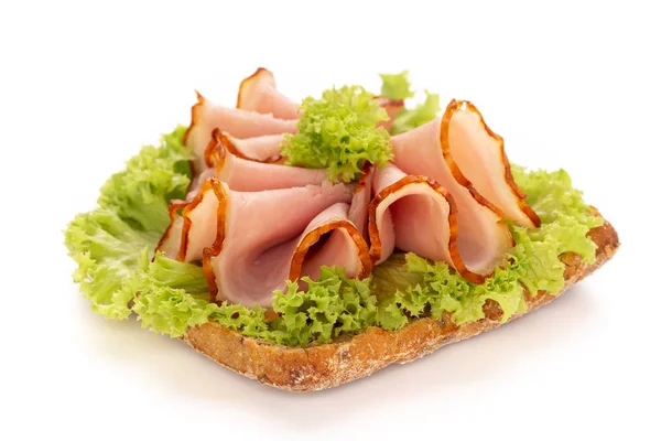 흰 배경에 햄 소시지가 있는 샌드위치. — 스톡 사진