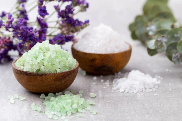 Sea salt in bowl, aroma oil in bottles, Wellness and flowers on — Stock Photo, Image