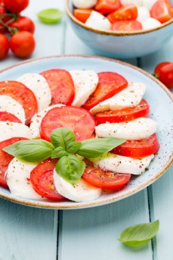 Klasik caprese salatası. Mozzarella domatesleri ve Basilikum.