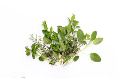 Beyaz bir arka planda bitkisel baharat. Üst görünüm.