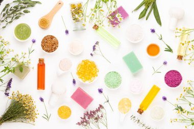 Spa aromaterapi çiçek arka plan, düz yatıyordu.