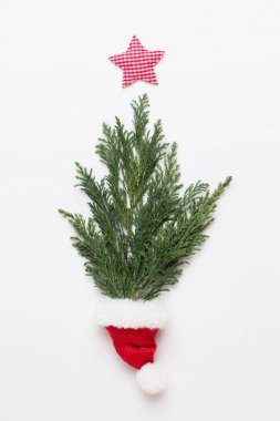 Noel tebrik kartı. Beyaz arka planda çam süslemesi. Ne?